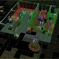 Cartoon Scene 3D Interior With Green Rooms Furniture Plants Red Door And Decorative Elements