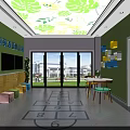 Bright Kindergarten Interior Design With Green Walls Leaf Patterned Ceiling Colorful Decorations And Numbered Floor