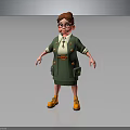 3D Cartoon Character in Green Uniform with Brown Hair Glasses and Yellow Shoes