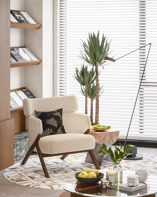 Beige Accent Chair With Black Cushion Side Table Fruit Green Plants Floor Lamp And Blinds 3d model 