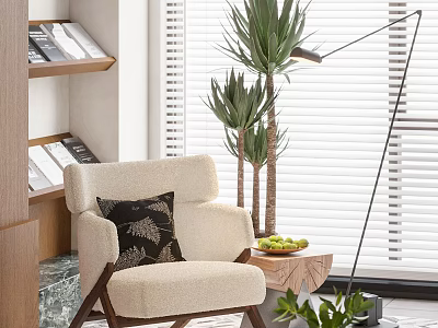 Beige Accent Chair With Black Cushion Side Table Fruit Green Plants Floor Lamp And Blinds 3d model