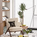 Beige Accent Chair With Black Cushion Side Table Fruit Green Plants Floor Lamp And Blinds