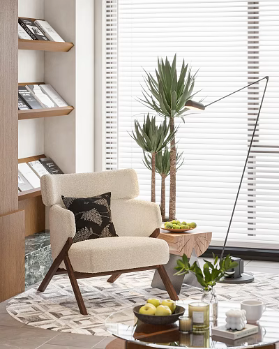 Beige Accent Chair With Black Cushion Side Table Fruit Green Plants Floor Lamp And Blinds 3d model