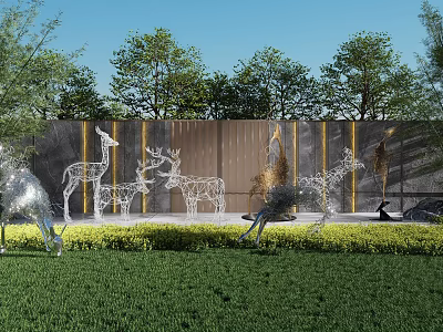 Outdoor Metal Animal Sculptures Display On Green Lawn With Trees And Wall 3d model