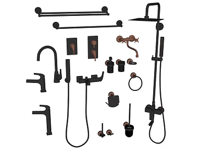Modern Bathroom Accessories Set With Faucets Shower Heads Towel Bars Hooks And Holders 3d model