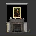 Elegant Stone Fireplace With Framed Painting On Mantel And Decorative Items Golden Candle Holders
