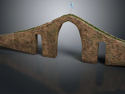 Ancient Stone Bridge With Brick Arch Design Grass Covered Top And Central Blue Flag 3d model