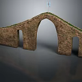 Ancient Stone Bridge With Brick Arch Design Grass Covered Top And Central Blue Flag