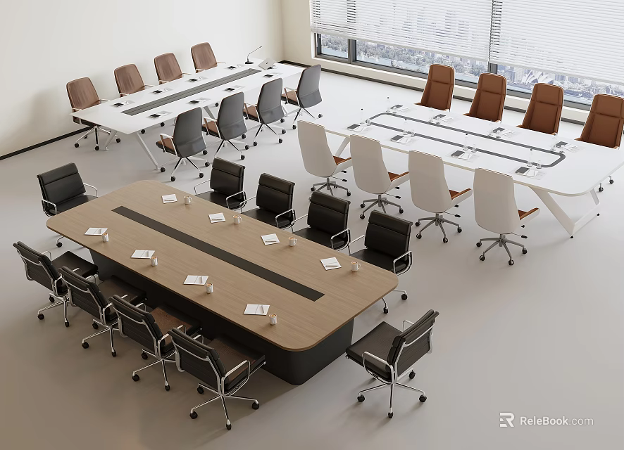 Modern Bright Meeting Room Interior With Large Wooden Conference Table And Office Chairs 3d model 