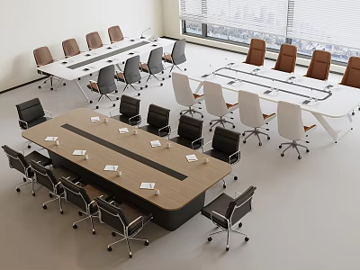 Modern Bright Meeting Room Interior With Large Wooden Conference Table And Office Chairs 3d model