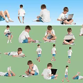Multiple Children In Various Poses Engaged In Activities Using Laptops And Writing 3d model
