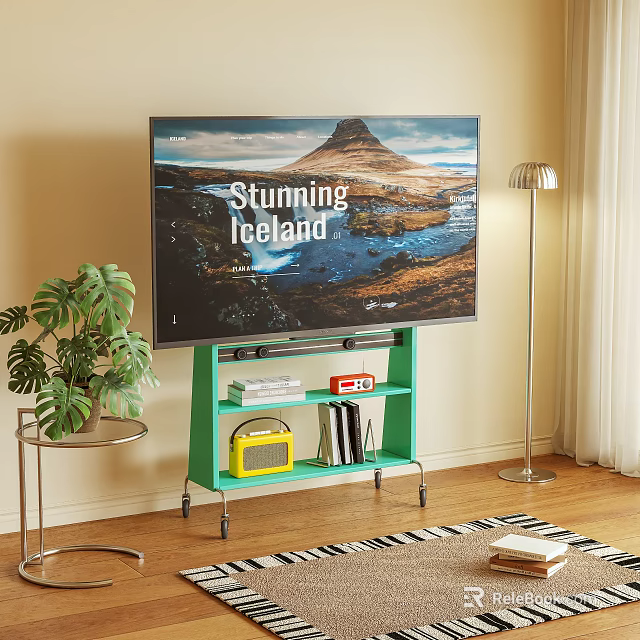 Green TV Stand With TV And Shelves For Books Yellow Radio In Living Room 3d model 