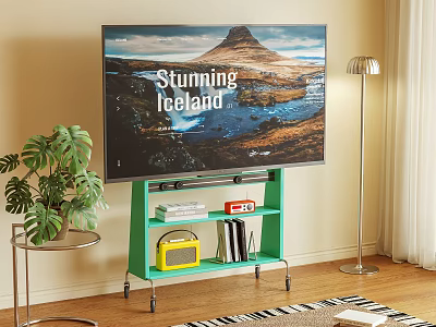Green TV Stand With TV And Shelves For Books Yellow Radio In Living Room 3d model