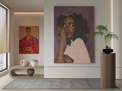 Abstract Painting Of Female Figure With Curly Hair In Modern Interior With Green Plant Decor 3d model