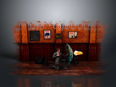 Cartoon Scene With Decorative Walls Posters Kneeling Figure Green Umbrella And Flames 3d model