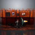 Cartoon Scene With Decorative Walls Posters Kneeling Figure Green Umbrella And Flames