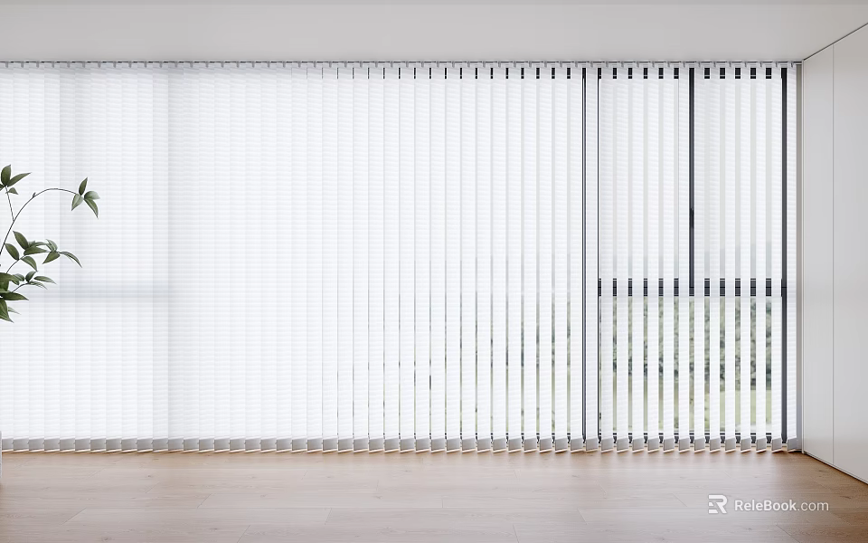 White Venetian Blinds Covering Windows With Light-Colored Walls Wooden Floors And Green Plant 3d model 