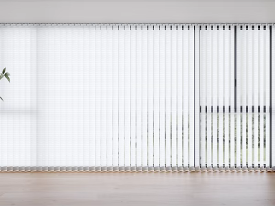 White Venetian Blinds Covering Windows With Light-Colored Walls Wooden Floors And Green Plant 3d model