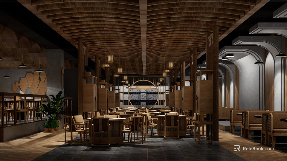 Chinese Style Restaurant Interior With Wooden Structure Circular Decoration Tables Chairs And Chandeliers 3d model 