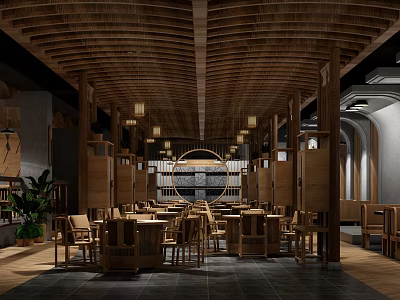 Chinese Style Restaurant Interior With Wooden Structure Circular Decoration Tables Chairs And Chandeliers 3d model