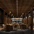 Chinese Style Restaurant Interior With Wooden Structure Circular Decoration Tables Chairs And Chandeliers