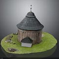 Circular Red Brick Building Model With Dome Roof Cross And Green Grass