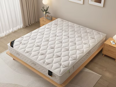 White Quilted Mattress on Wooden Bed Frame with Nightstand Table Lamp and Rug 3d model