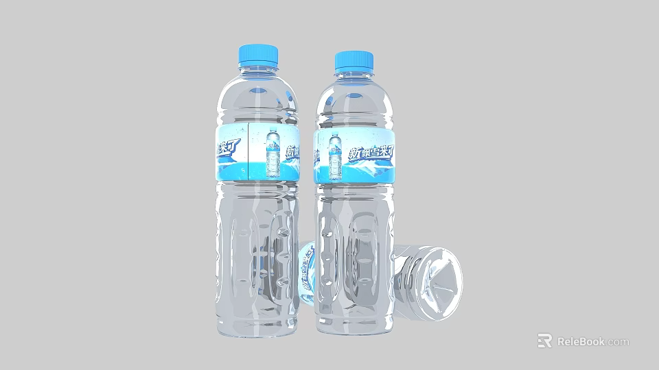 Two Transparent Mineral Water Bottles With Blue Caps And Open Cap 3d model 