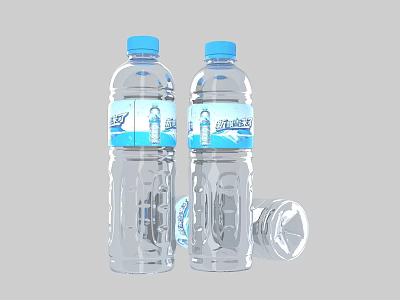 Two Transparent Mineral Water Bottles With Blue Caps And Open Cap 3d model