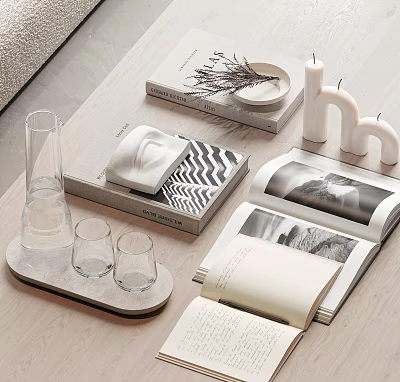 Open Books And Magazines On Wooden Table With Marble Tray Glassware And Candles 3d model