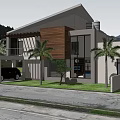 Modern Detached Villa With White Exterior Wooden Accents Large Windows Green Lawn And Palm Trees