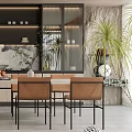 Modern Restaurant Interior With Marble Island Countertop Wooden Cabinets Dining Table And Decorative Plants