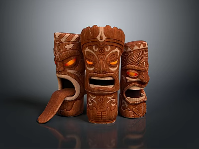 Tropical Landscape With Wooden Tiki Statues Glowing Orange Eyes And Carvings 3d model