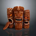 Tropical Landscape With Wooden Tiki Statues Glowing Orange Eyes And Carvings