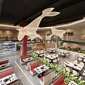 Modern Restaurant Interior Featuring Hanging White Whale Decorations Red Pillars Dining Tables And Green Plants