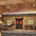 Traditional Rustic Farmhouse Restaurant Interior With Wooden Ceiling Thatched Roof And Straw Grain Decor