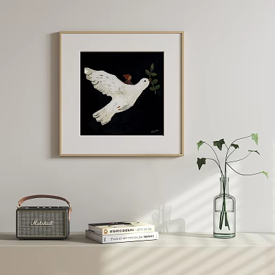 White Dove Painting Hanging With Spread Wings Leaf Red Fruit Black Background Golden Frame 3d model