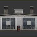 Cartoon Scene Industrial Building With Gray Walls Red Doors Large Windows Roof Vents and Reflection