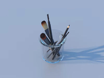 Professional Cosmetic Brushes In Clear Glass Cup For Beauty Essentials 3d model
