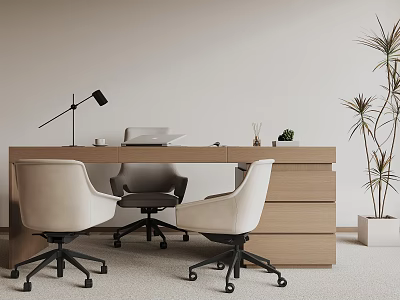 Elegant Wooden Office Desk With Laptop Desk Lamp Plant and Three Light Gray Rolling Chairs 3d model