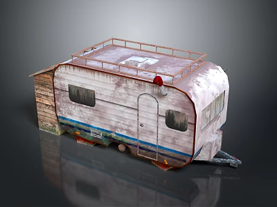 Vintage Camper Van With Worn White Exterior Roof Railing And Blue Stripe 3d model