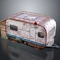 Vintage Camper Van With Worn White Exterior Roof Railing And Blue Stripe