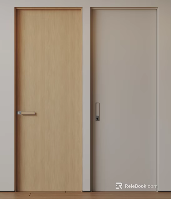Modern Simple Swing Doors With Wooden And Light Gray Finish And Metal Handles 3d model 