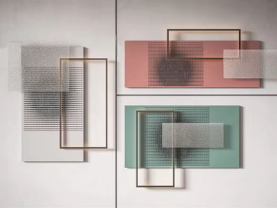 Contemporary Wall Decor with Pink Green Gray Panels Metal Frames and Geometric Mesh Striped Textures 3d model