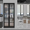 Modern Office Interior With Glass Door Cabinet Printers Files And Windows