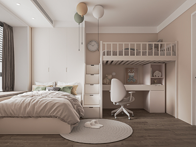 Modern Tatami Bedroom Tatami Children's Room Desk and Chair Combination Green Plant Jewelry Ornaments Computer Desk Bookcase Wardrobe model