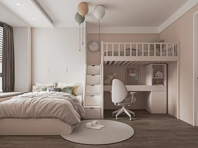Modern Tatami Bedroom Interior With Bunk Bed Study Desk And Storage Cabinets 3d model