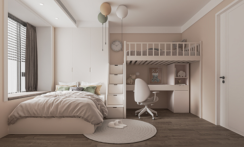 Modern Tatami Bedroom Tatami Children's Room Desk and Chair Combination Green Plant Jewelry Ornaments Computer Desk Bookcase Wardrobe 3d model