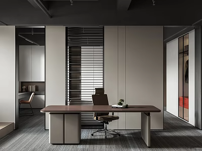 Modern Home Office Interior With Long Wooden Desk Ergonomic Chair And Window Blinds 3d model