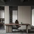 Modern Home Office Interior With Long Wooden Desk Ergonomic Chair And Window Blinds